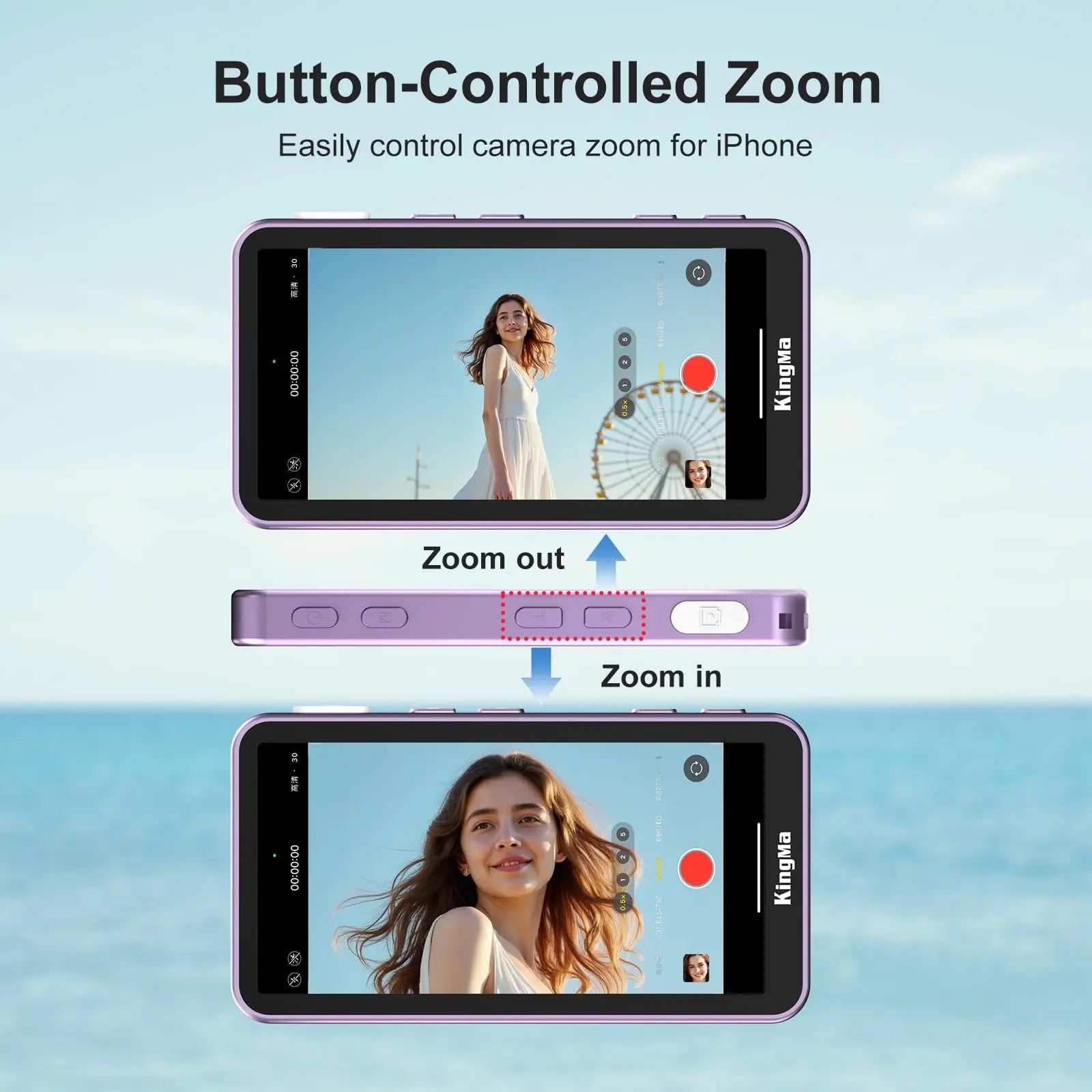 Monitor Magnético Touchscreen para Selfie e Vlog KingMa com Zoom, Gravação Sem Fio e Visualização da Câmera Traseira do Celular para iPhone, ideal para TikTok.