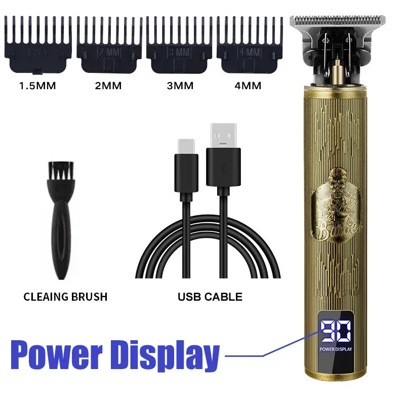 Máquina de Cortar Cabelo Sem Fio Estilo Vintage – Aparador de Cabelo e Barba com Carregamento Rápido USB, Barbeador Elétrico Profissional