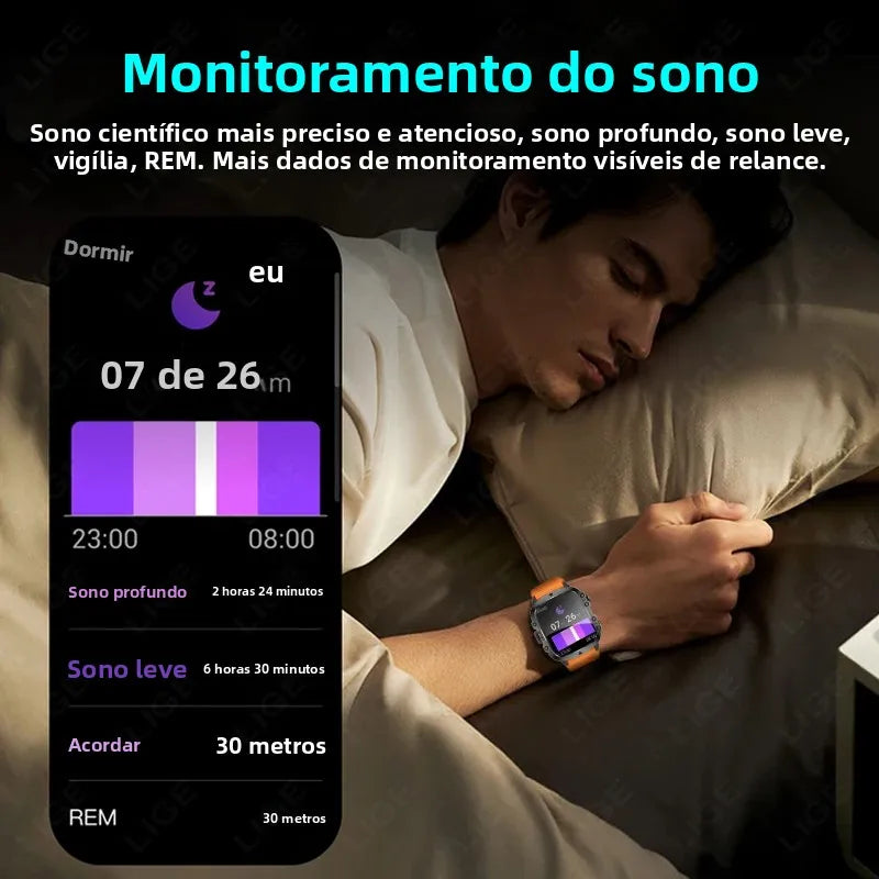 Relógio Inteligente Militar LIGE Masculino 2026 – Smartwatch com Chamadas via Bluetooth, Monitor Cardíaco, 3ATM à Prova d'Água e Monitoramento Fitness para Android e iOS