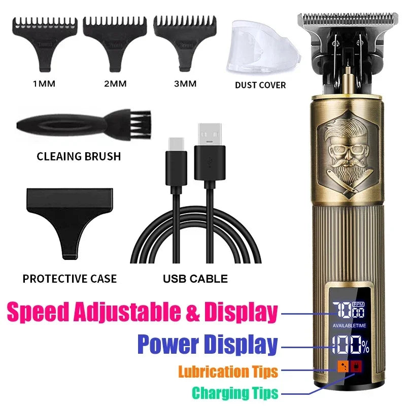 Máquina de Cortar Cabelo Sem Fio Estilo Vintage – Aparador de Cabelo e Barba com Carregamento Rápido USB, Barbeador Elétrico Profissional