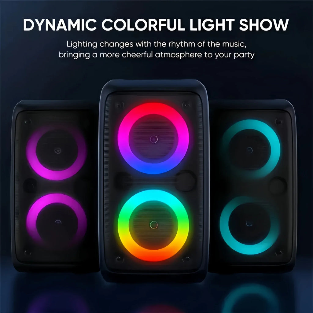 Caixa de Som Bluetooth Portátil Sem Fio com Rádio FM e Karaokê, acompanha Microfone, Luz LED, Som Musical com Subwoofer e Tecnologia TWS.