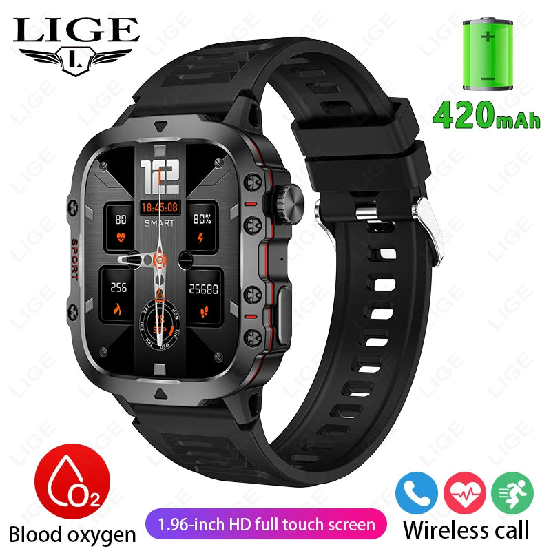 Relógio Inteligente Militar LIGE Masculino 2026 – Smartwatch com Chamadas via Bluetooth, Monitor Cardíaco, 3ATM à Prova d'Água e Monitoramento Fitness para Android e iOS