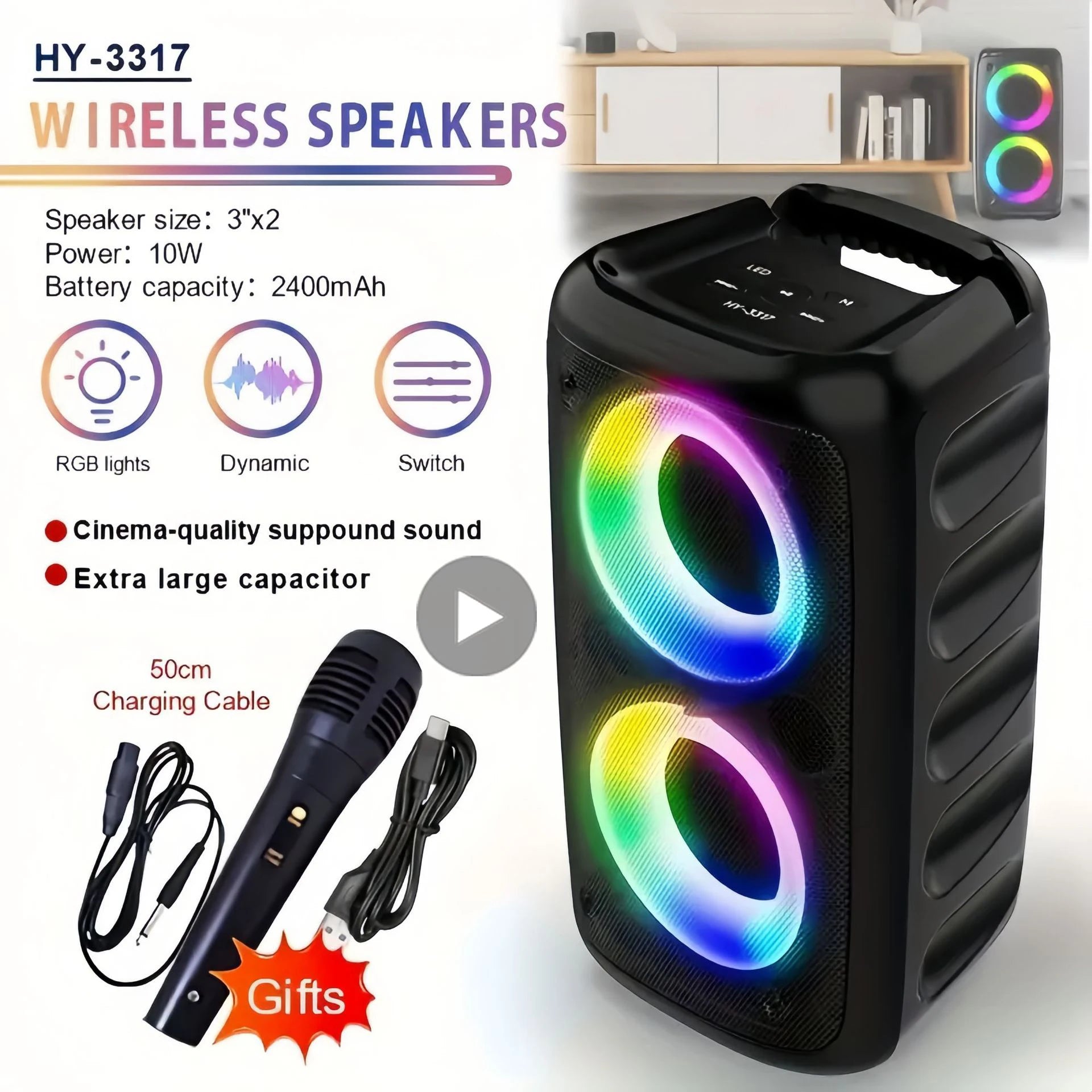 Caixa de Som Bluetooth Portátil Sem Fio com Rádio FM e Karaokê, acompanha Microfone, Luz LED, Som Musical com Subwoofer e Tecnologia TWS.