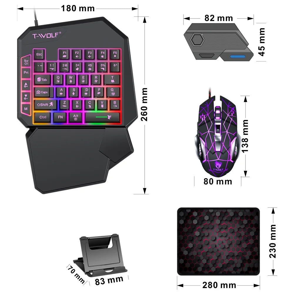 **Kit Gamer Mobile TF900 5 em 1 com Teclado para Uma Mão, Mouse e Conversor para Jogos Mobile.** 🎮⌨️🖱️📱✨