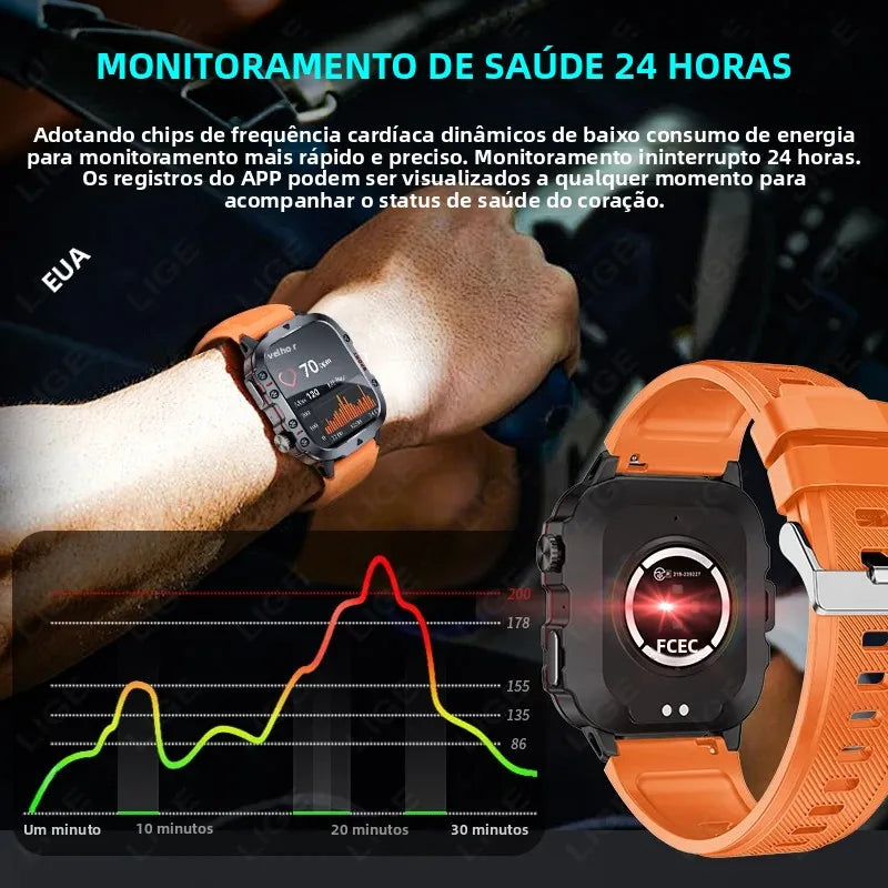 Relógio Inteligente Militar LIGE Masculino 2026 – Smartwatch com Chamadas via Bluetooth, Monitor Cardíaco, 3ATM à Prova d'Água e Monitoramento Fitness para Android e iOS