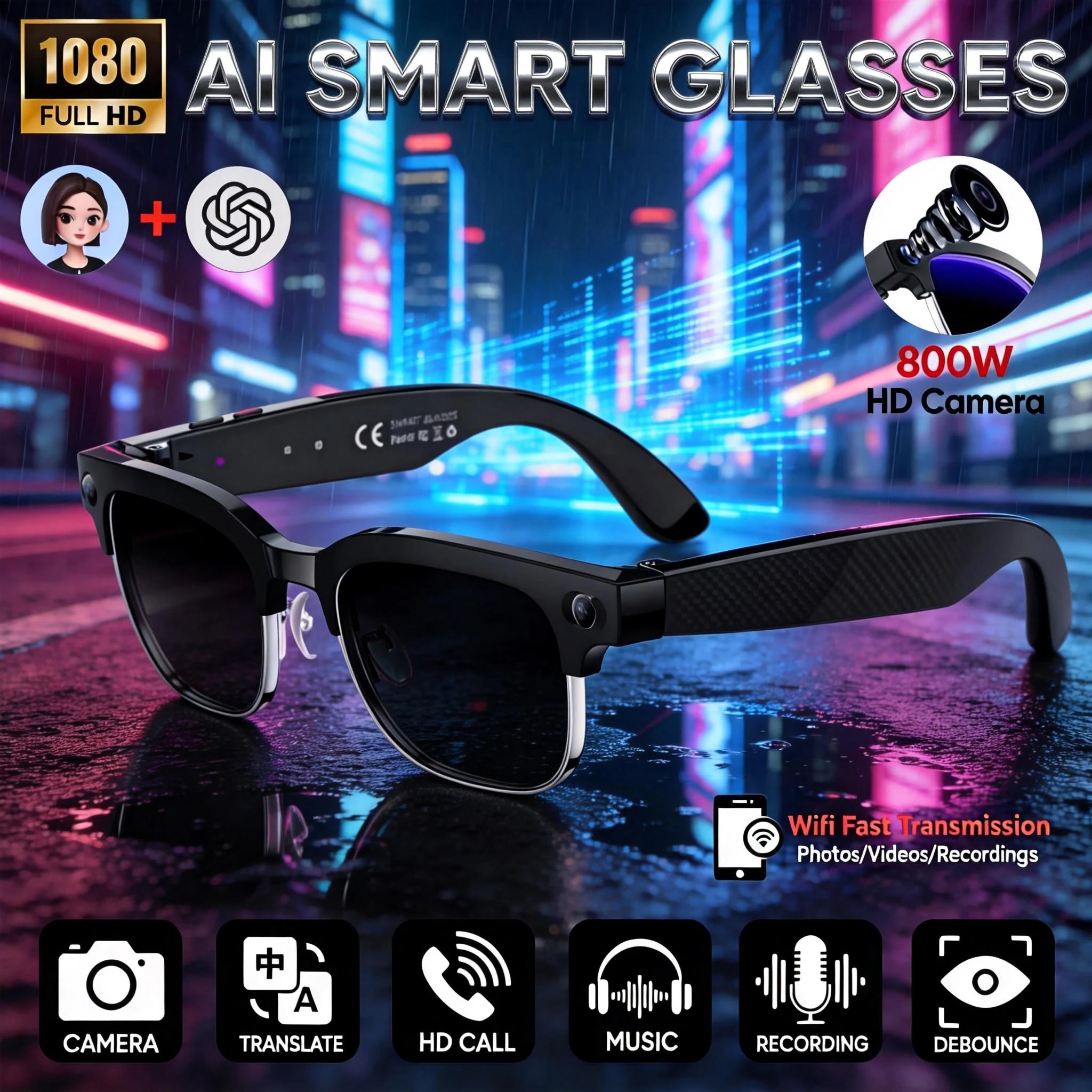 Novos Óculos Inteligentes Empresariais em Alta para Homens com Câmera HD 4K de 800W, Gravação em 1080P, Captura de Ação, IA para Chat e Chamadas, Óculos de Sol à Prova d'Água e à Prova de Vento.