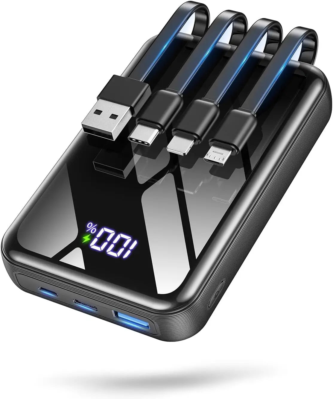 Carregador Portátil de 50.000 mAh, carregamento rápido de 22,5 W, com cabos integrados, display LED, capacidade para carregar até 5 dispositivos simultaneamente, bateria externa para viagem compatível com iPhone, Android e iPad.