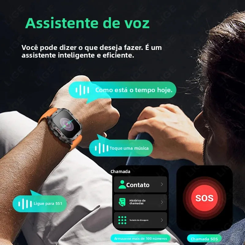 Relógio Inteligente Militar LIGE Masculino 2026 – Smartwatch com Chamadas via Bluetooth, Monitor Cardíaco, 3ATM à Prova d'Água e Monitoramento Fitness para Android e iOS