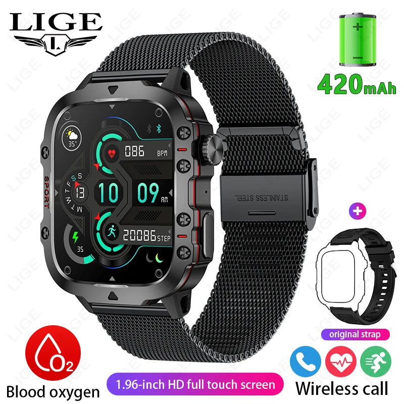 Relógio Inteligente Militar LIGE Masculino 2026 – Smartwatch com Chamadas via Bluetooth, Monitor Cardíaco, 3ATM à Prova d'Água e Monitoramento Fitness para Android e iOS