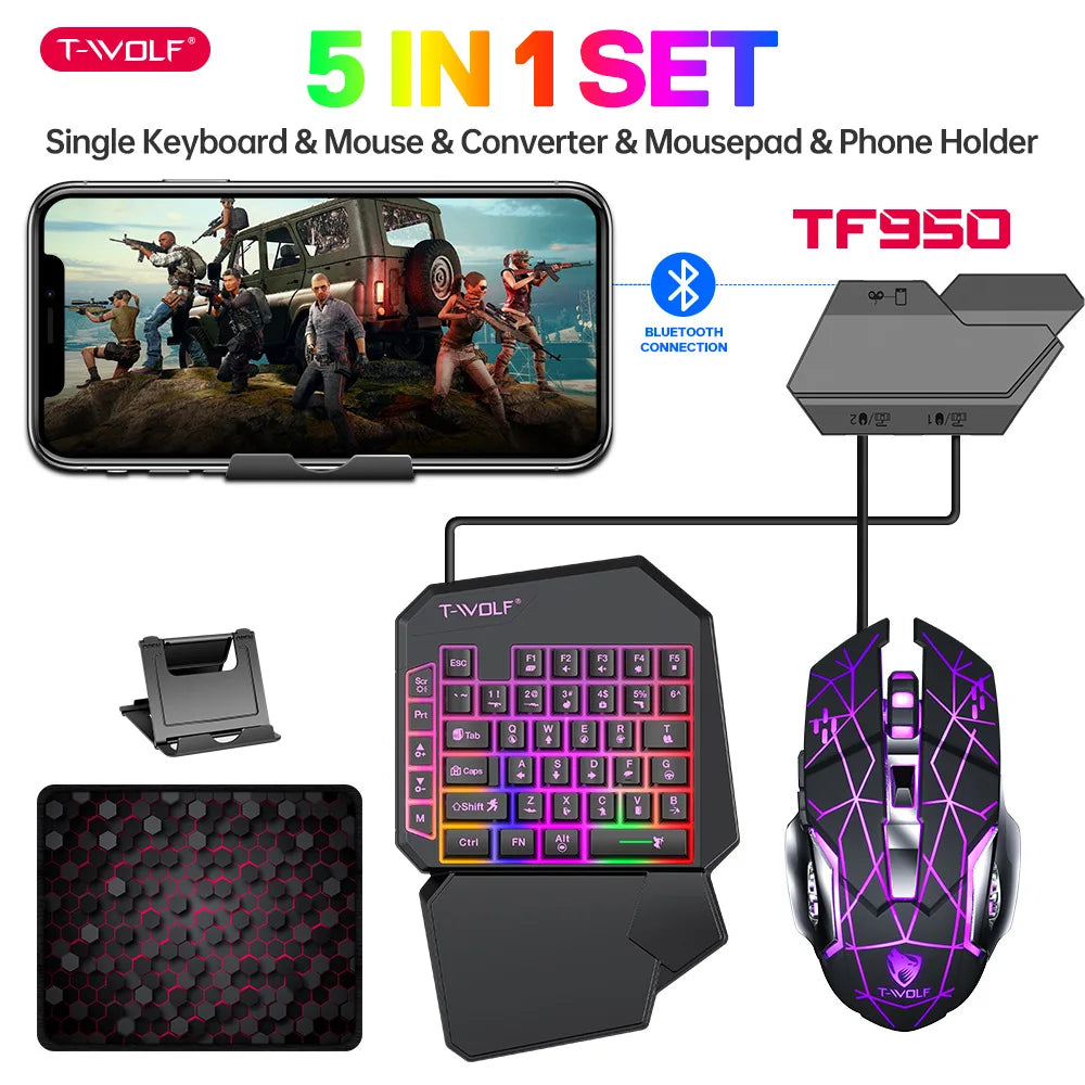 **Kit Gamer Mobile TF900 5 em 1 com Teclado para Uma Mão, Mouse e Conversor para Jogos Mobile.** 🎮⌨️🖱️📱✨