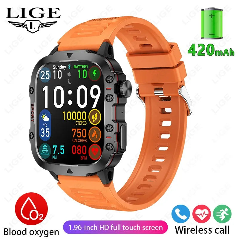 Relógio Inteligente Militar LIGE Masculino 2026 – Smartwatch com Chamadas via Bluetooth, Monitor Cardíaco, 3ATM à Prova d'Água e Monitoramento Fitness para Android e iOS