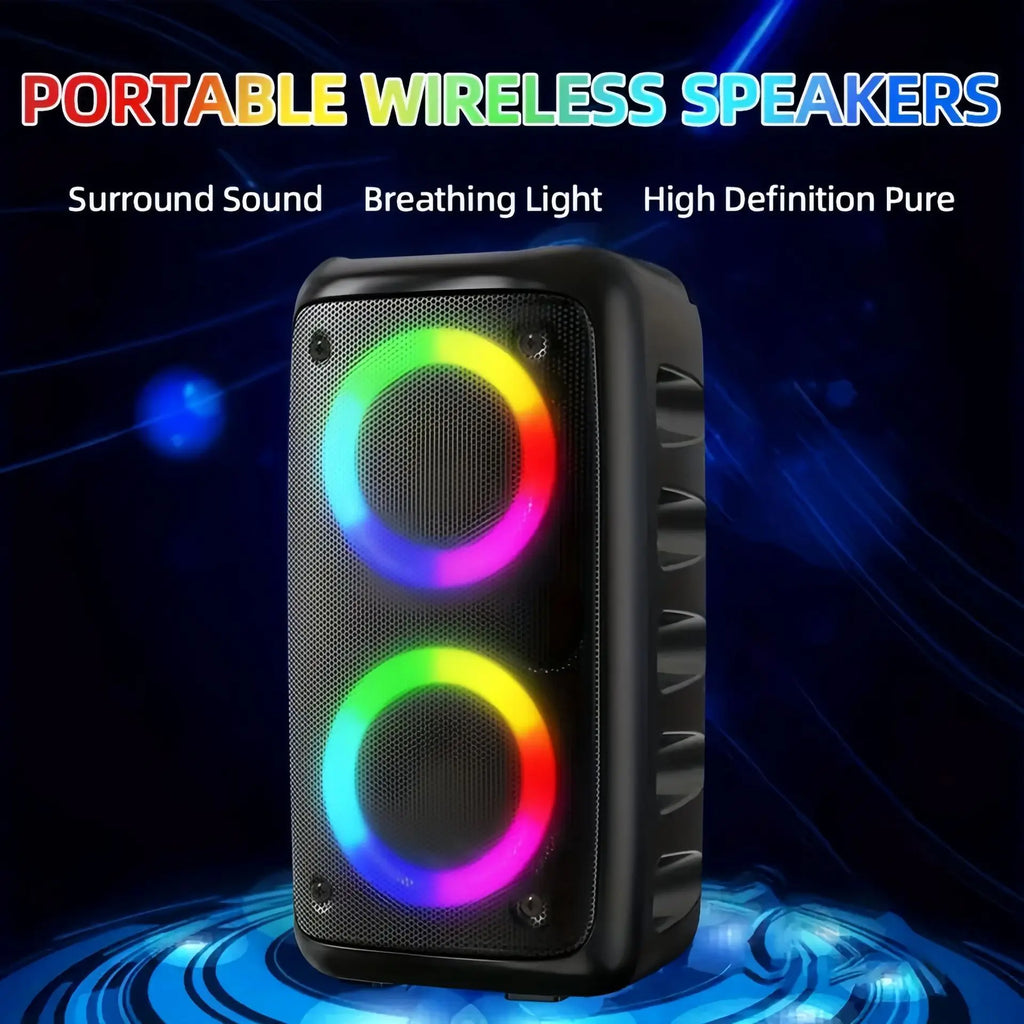 Caixa de Som Bluetooth Portátil Sem Fio com Rádio FM e Karaokê, acompanha Microfone, Luz LED, Som Musical com Subwoofer e Tecnologia TWS.
