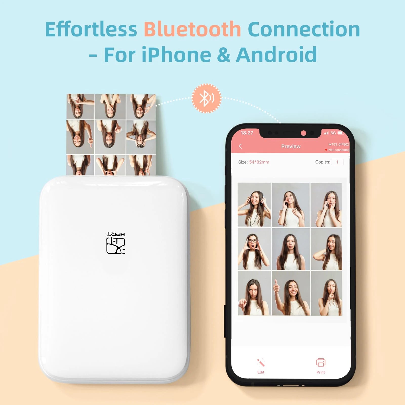 Mini Impressora Térmica HPRT para Fotos Coloridas, Impressora Inteligente Bluetooth Portátil de Bolso para Celular, ideal para Presentes e Fotos – MT53 Novo.