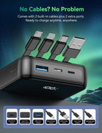 Carregador Portátil de 50.000 mAh, carregamento rápido de 22,5 W, com cabos integrados, display LED, capacidade para carregar até 5 dispositivos simultaneamente, bateria externa para viagem compatível com iPhone, Android e iPad.