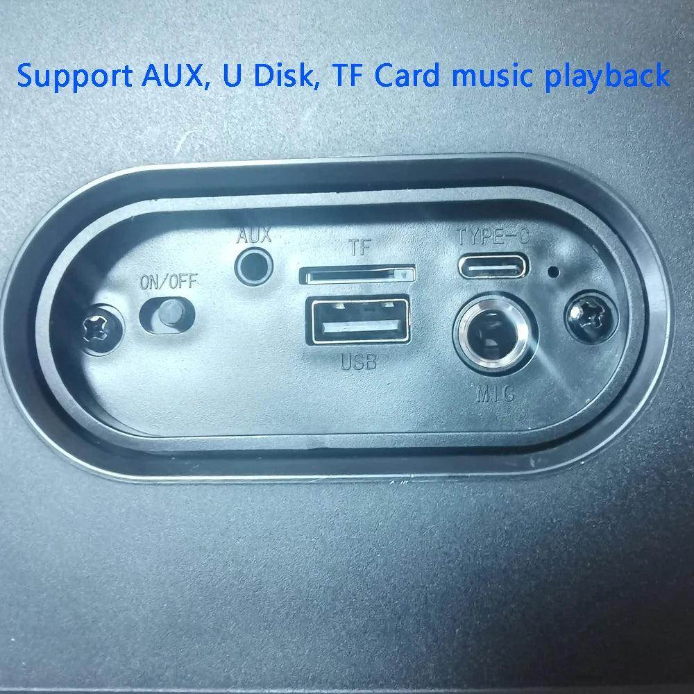 Caixa de Som Bluetooth Portátil Sem Fio com Rádio FM e Karaokê, acompanha Microfone, Luz LED, Som Musical com Subwoofer e Tecnologia TWS.