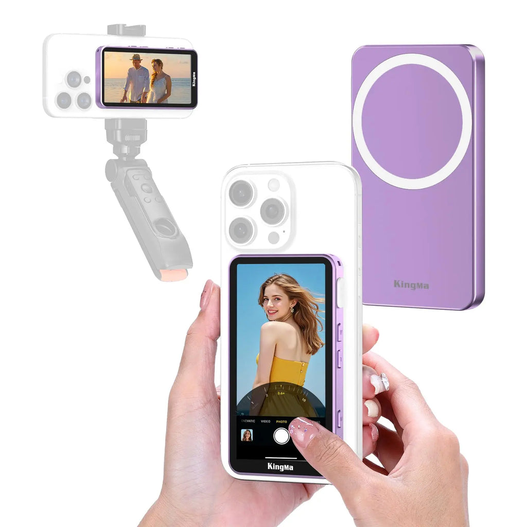 Monitor Magnético Touchscreen para Selfie e Vlog KingMa com Zoom, Gravação Sem Fio e Visualização da Câmera Traseira do Celular para iPhone, ideal para TikTok.