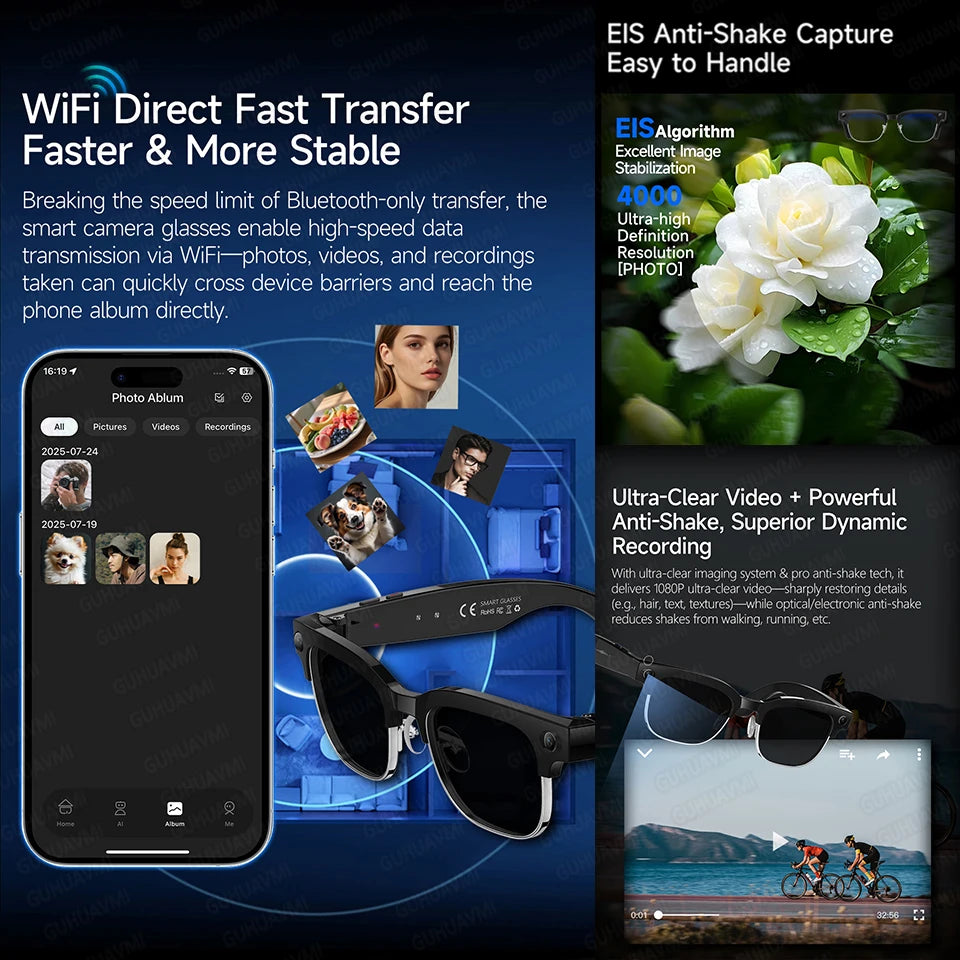 Novos Óculos Inteligentes Empresariais em Alta para Homens com Câmera HD 4K de 800W, Gravação em 1080P, Captura de Ação, IA para Chat e Chamadas, Óculos de Sol à Prova d'Água e à Prova de Vento.