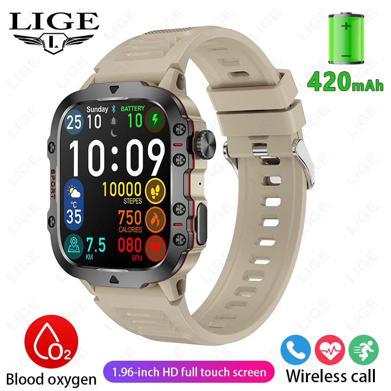 Relógio Inteligente Militar LIGE Masculino 2026 – Smartwatch com Chamadas via Bluetooth, Monitor Cardíaco, 3ATM à Prova d'Água e Monitoramento Fitness para Android e iOS