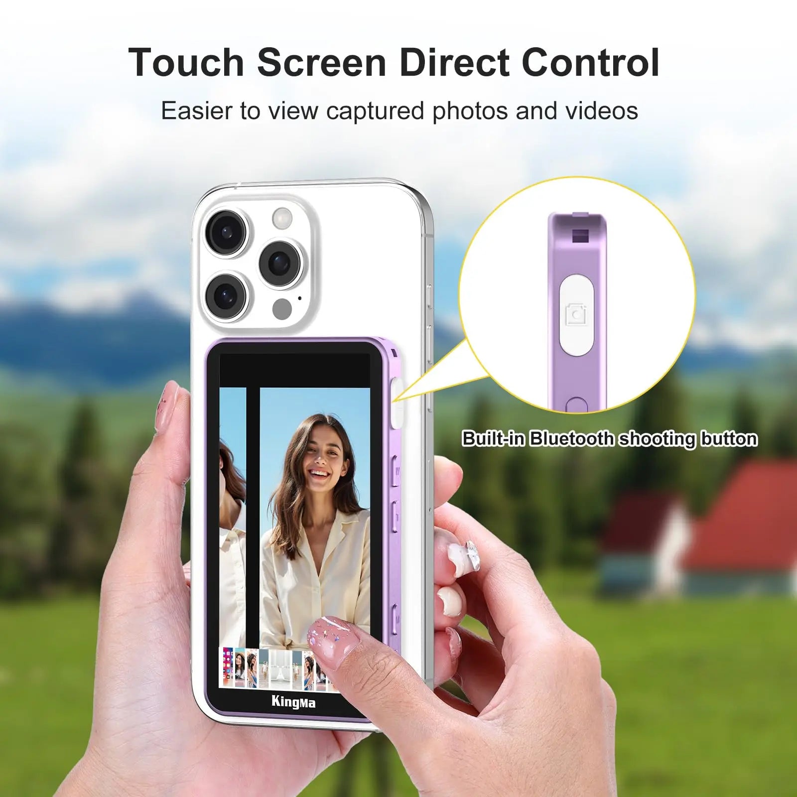 Monitor Magnético Touchscreen para Selfie e Vlog KingMa com Zoom, Gravação Sem Fio e Visualização da Câmera Traseira do Celular para iPhone, ideal para TikTok.