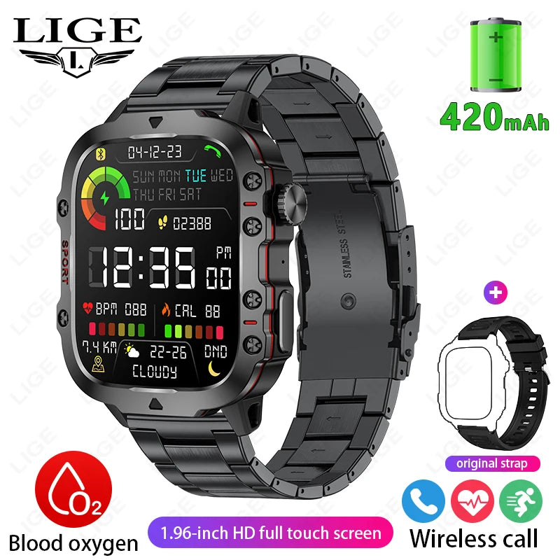 Relógio Inteligente Militar LIGE Masculino 2026 – Smartwatch com Chamadas via Bluetooth, Monitor Cardíaco, 3ATM à Prova d'Água e Monitoramento Fitness para Android e iOS