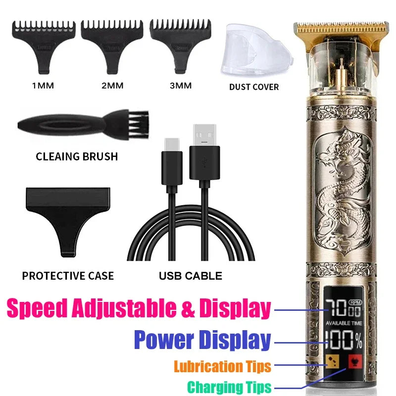 Máquina de Cortar Cabelo Sem Fio Estilo Vintage – Aparador de Cabelo e Barba com Carregamento Rápido USB, Barbeador Elétrico Profissional