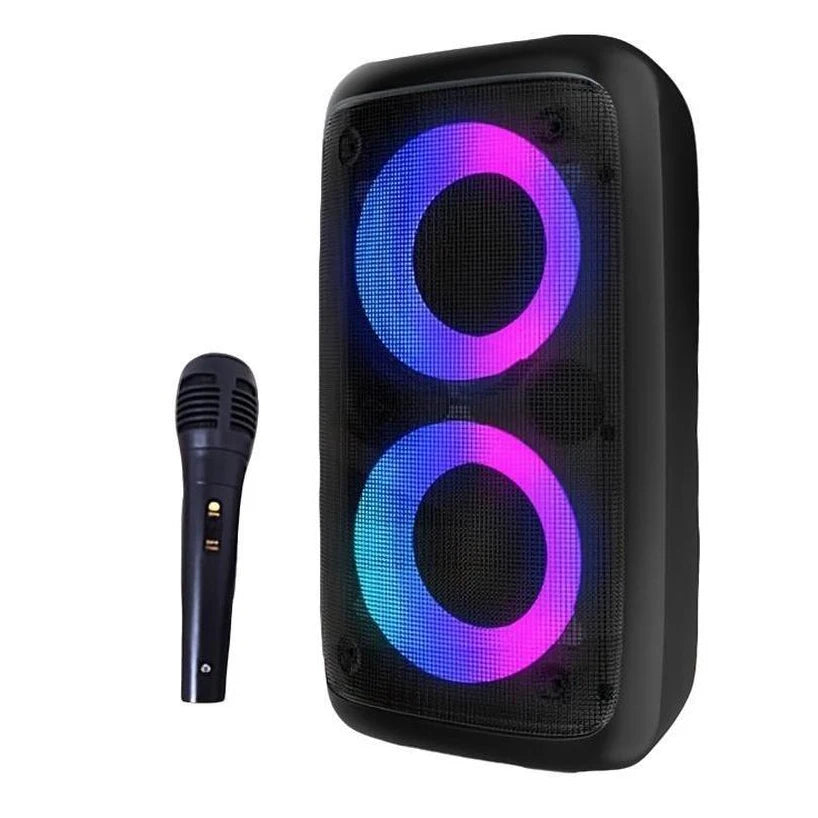 Caixa de Som Bluetooth Portátil Sem Fio com Rádio FM e Karaokê, acompanha Microfone, Luz LED, Som Musical com Subwoofer e Tecnologia TWS.