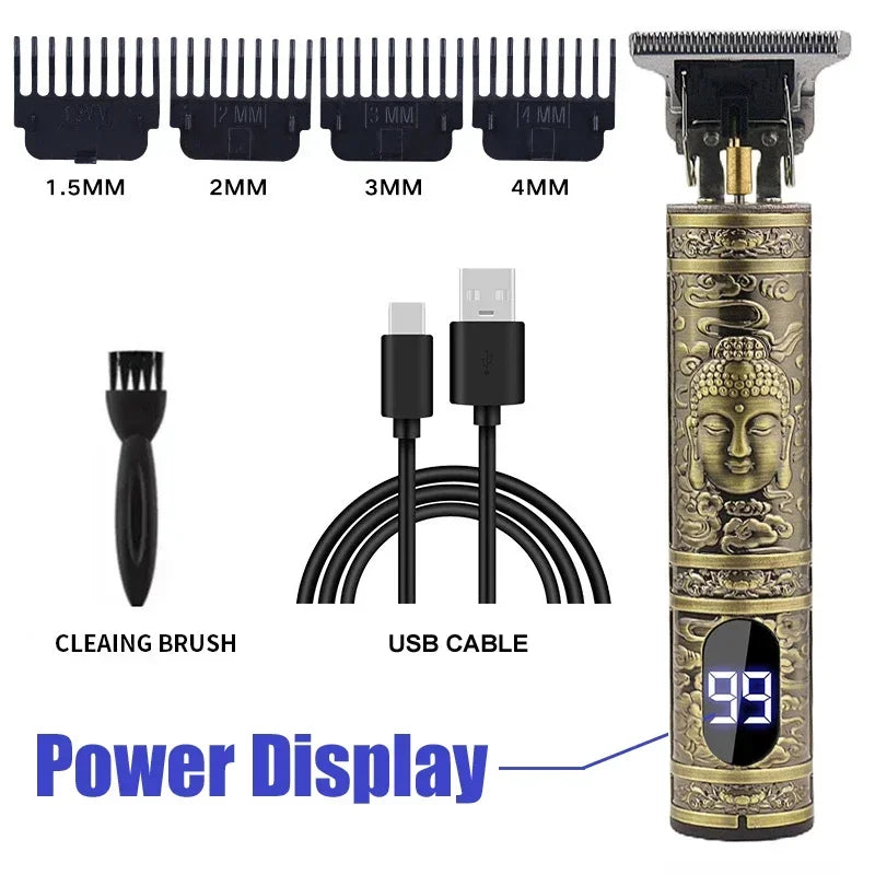 Máquina de Cortar Cabelo Sem Fio Estilo Vintage – Aparador de Cabelo e Barba com Carregamento Rápido USB, Barbeador Elétrico Profissional