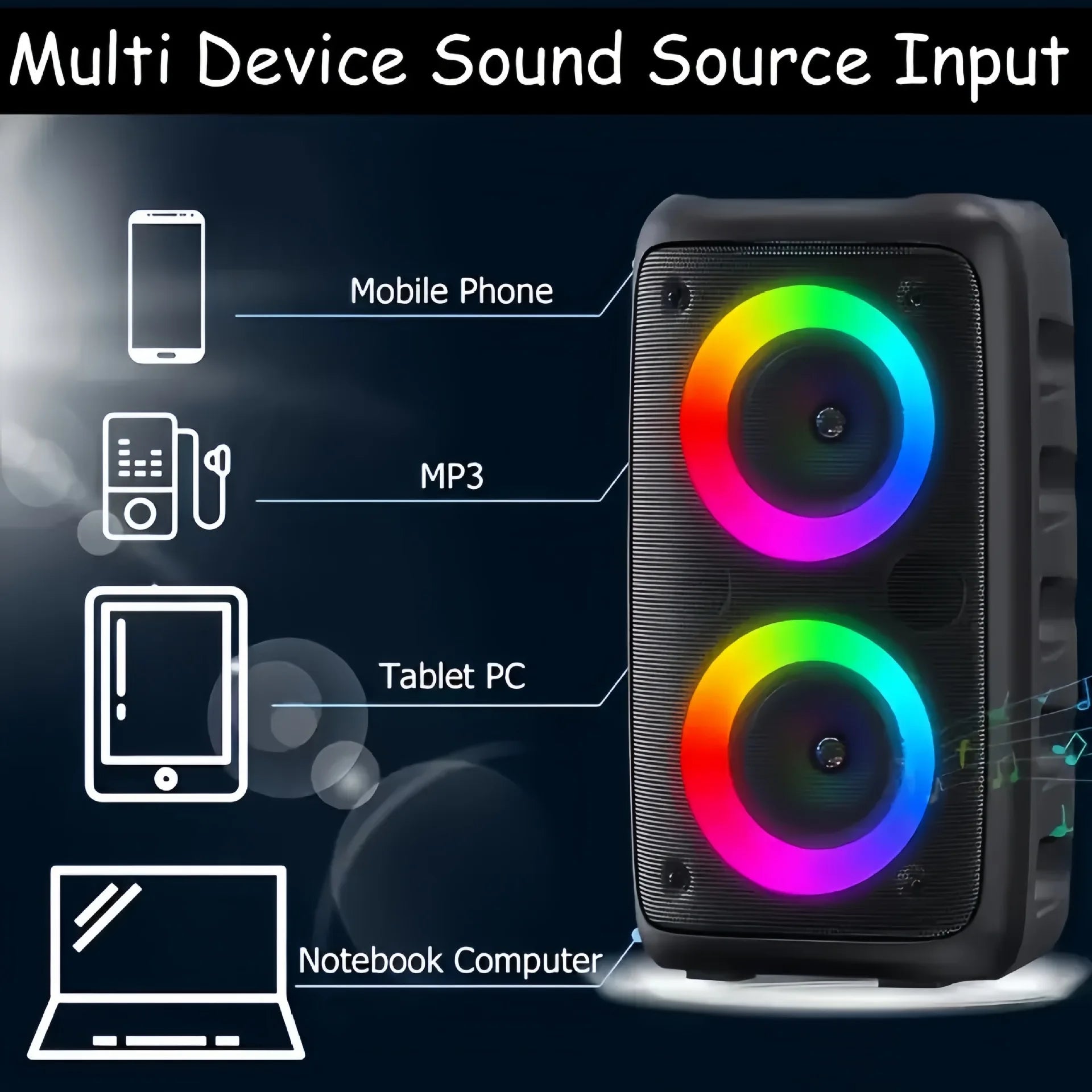 Caixa de Som Bluetooth Portátil Sem Fio com Rádio FM e Karaokê, acompanha Microfone, Luz LED, Som Musical com Subwoofer e Tecnologia TWS.