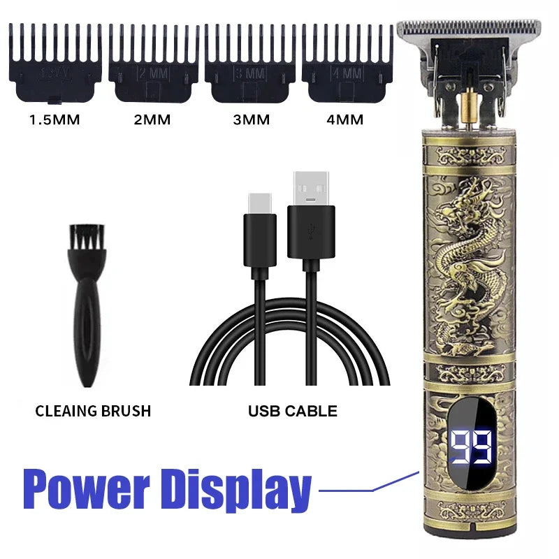 Máquina de Cortar Cabelo Sem Fio Estilo Vintage – Aparador de Cabelo e Barba com Carregamento Rápido USB, Barbeador Elétrico Profissional