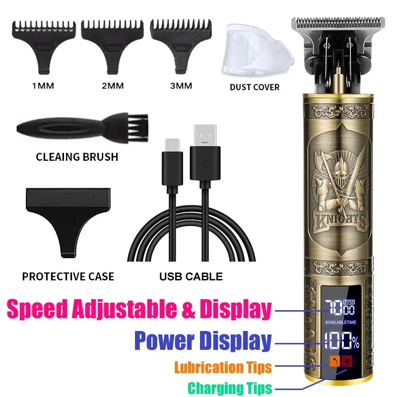 Máquina de Cortar Cabelo Sem Fio Estilo Vintage – Aparador de Cabelo e Barba com Carregamento Rápido USB, Barbeador Elétrico Profissional