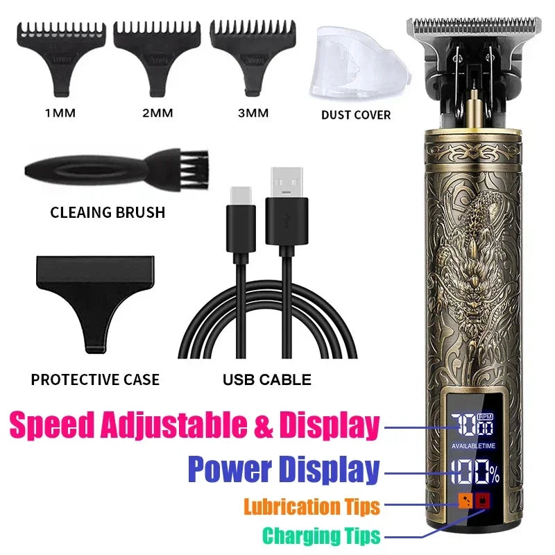 Máquina de Cortar Cabelo Sem Fio Estilo Vintage – Aparador de Cabelo e Barba com Carregamento Rápido USB, Barbeador Elétrico Profissional