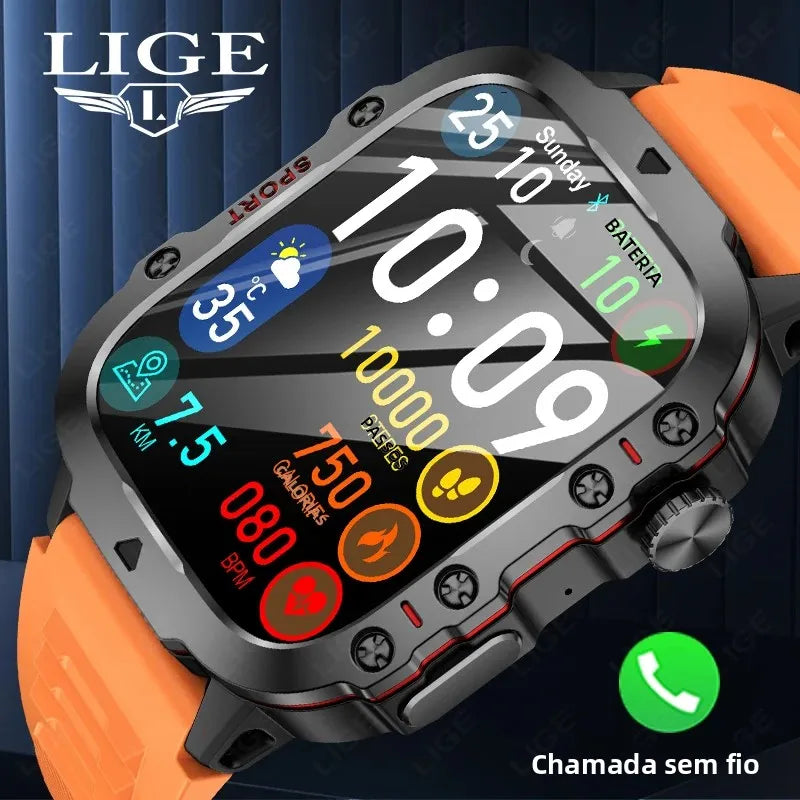 Relógio Inteligente Militar LIGE Masculino 2026 – Smartwatch com Chamadas via Bluetooth, Monitor Cardíaco, 3ATM à Prova d'Água e Monitoramento Fitness para Android e iOS