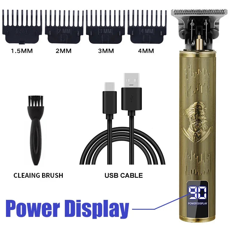 Máquina de Cortar Cabelo Sem Fio Estilo Vintage – Aparador de Cabelo e Barba com Carregamento Rápido USB, Barbeador Elétrico Profissional