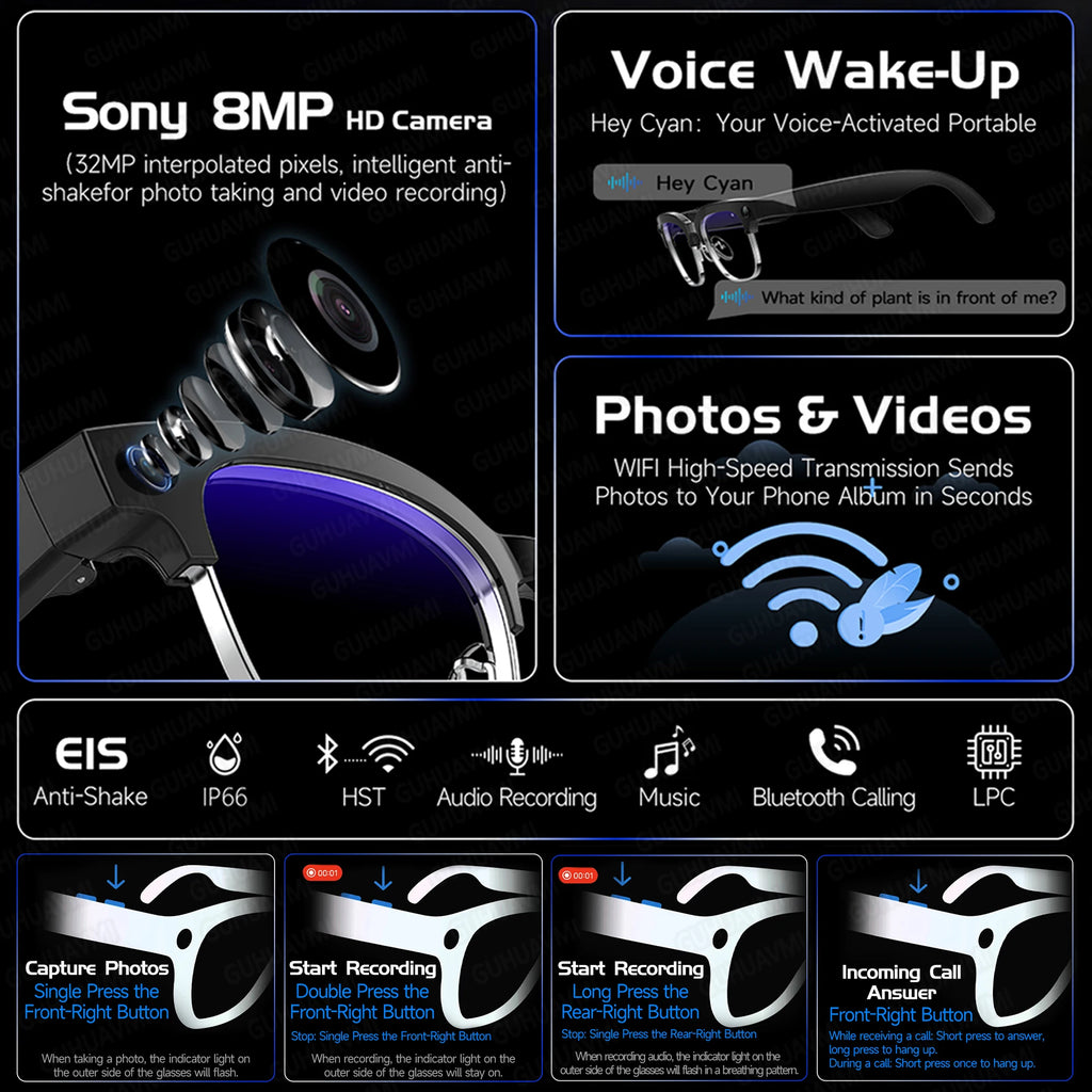 Novos Óculos Inteligentes Empresariais em Alta para Homens com Câmera HD 4K de 800W, Gravação em 1080P, Captura de Ação, IA para Chat e Chamadas, Óculos de Sol à Prova d'Água e à Prova de Vento.