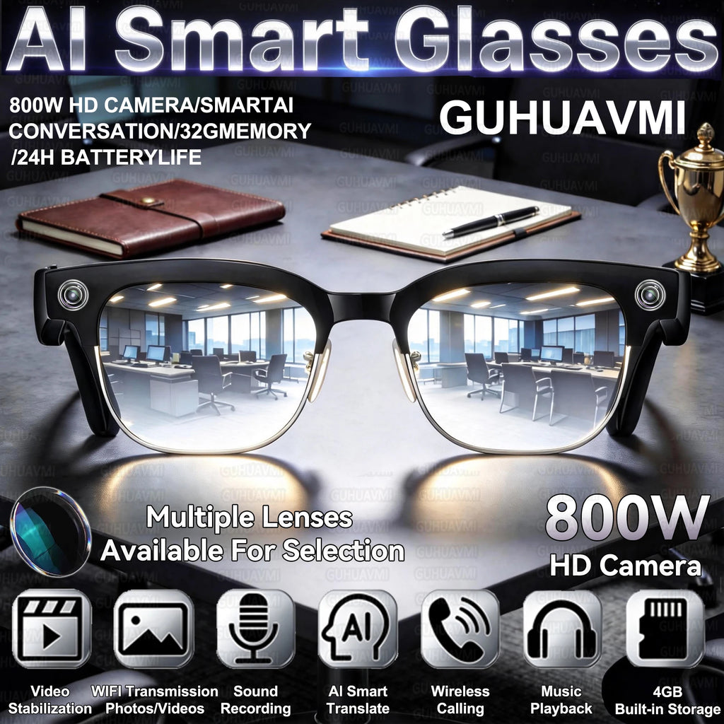 Novos Óculos Inteligentes Empresariais em Alta para Homens com Câmera HD 4K de 800W, Gravação em 1080P, Captura de Ação, IA para Chat e Chamadas, Óculos de Sol à Prova d'Água e à Prova de Vento.
