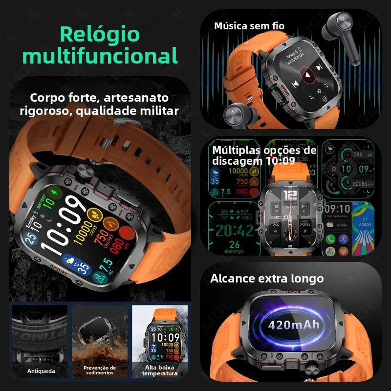 Relógio Inteligente Militar LIGE Masculino 2026 – Smartwatch com Chamadas via Bluetooth, Monitor Cardíaco, 3ATM à Prova d'Água e Monitoramento Fitness para Android e iOS